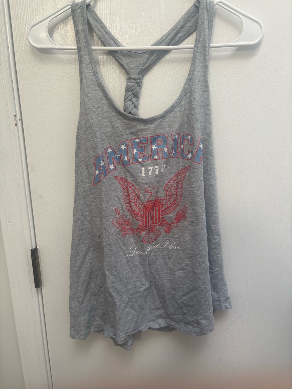 Amazon Gray Braided-Back America Graphic Tank with Red & Blue Print - cute back